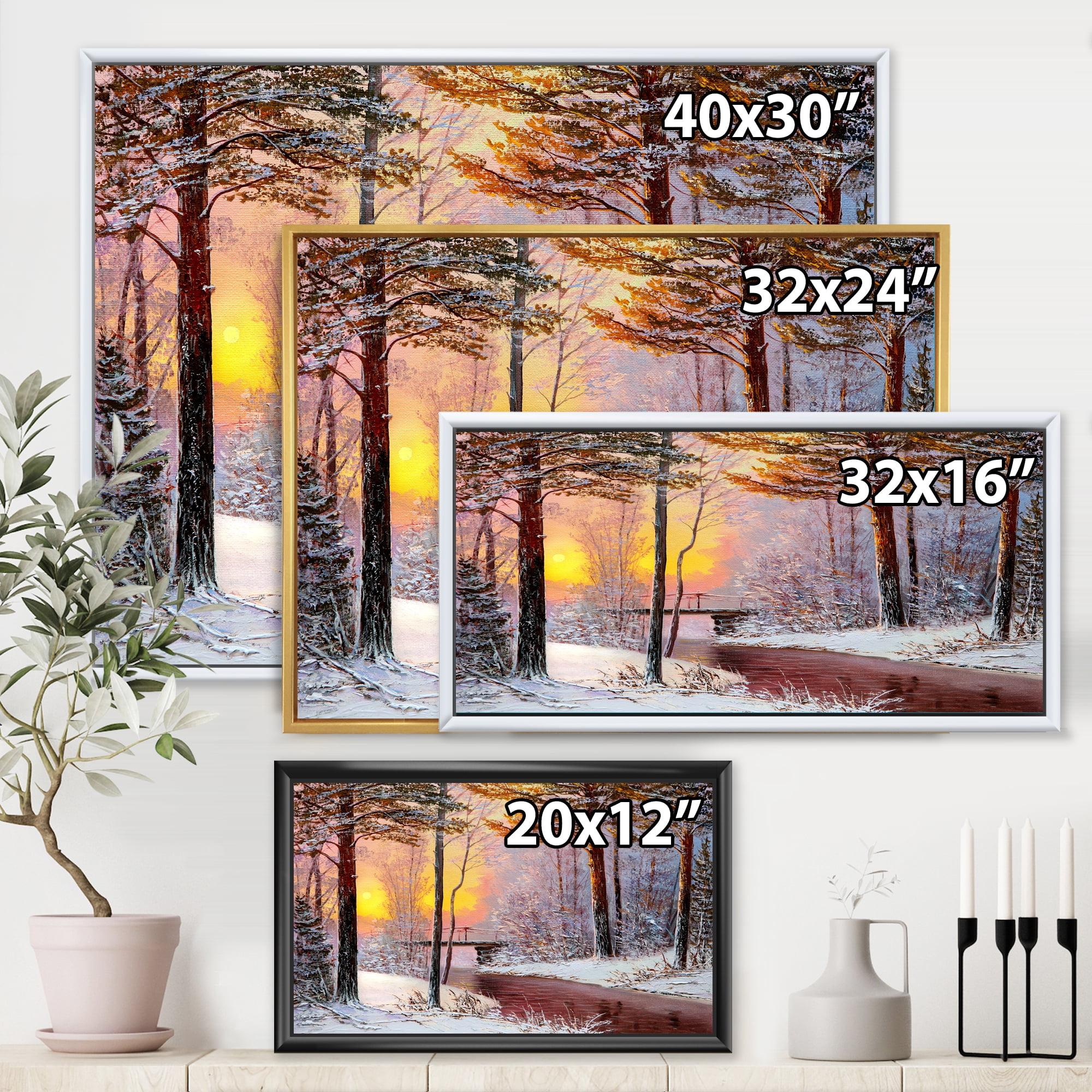 Designart 'Christmas Forest With Trees and River IV' Traditional Framed Canvas Wall Art Print