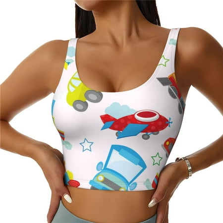 Adobk Cute Transport Print Sports Bras for Women Longline Workout Crop Tank Tops Padded with Built in Shelf Padded Sports Bra-Medium