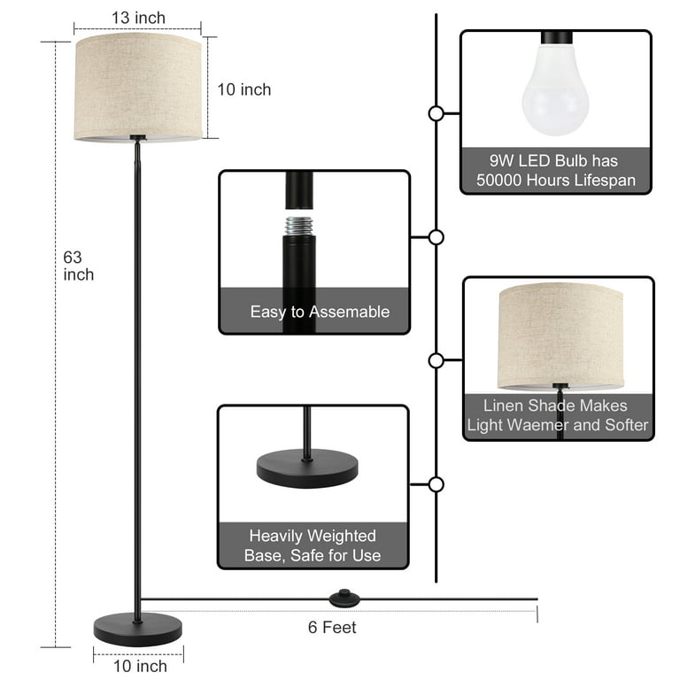 Outon Floor Lamps for Living Room with Remote Control, 4 Color Temperatures Pole Lamps with Linen Shade for Bedroom, Office, Black