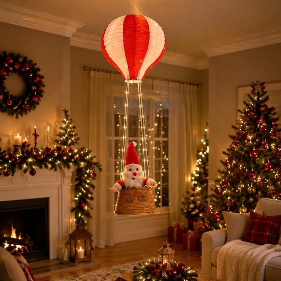 Striped Paper Hot Air Balloon Hanging Light with Santa Doll & LED Lights, Warm Ceiling Pendant Ornament for Christmas Party, Indoor Room and Holiday Home Atmosphere Decoration