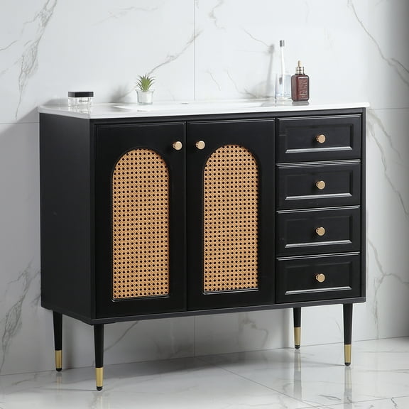 36" Bathroom Vanity with Ceramic Basin, Rattan Bathroom Storage Cabinet with Two Doors and Drawer