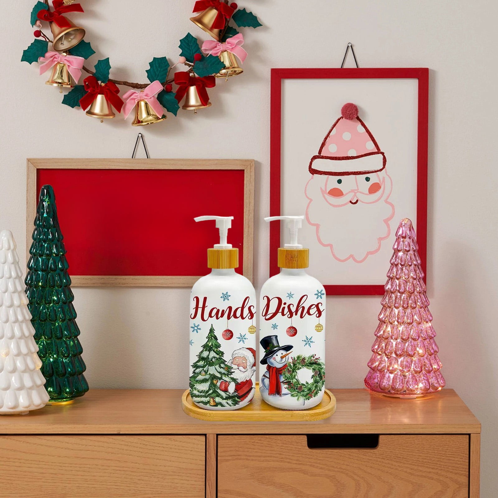 Loyerfyivos Christmas Soap Dispenser Set 2 Pack Snowman Tree Glass Pump Bottles Holiday Hand Soap Lotion Dispenser For Kitchen Bathroom Countertop Decor