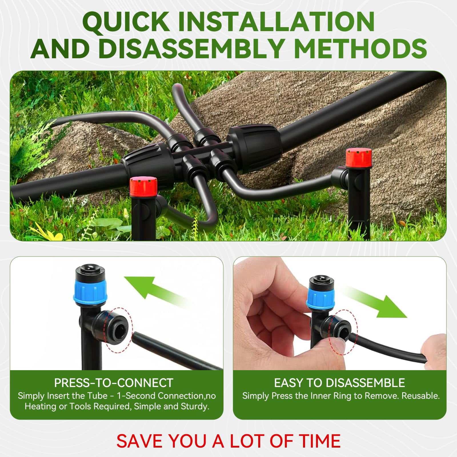 Drip Irrigation System 106ft Automatic Garden Watering With 1/2" & 1/4" Fast-lock Tubing Adjustable Nozzles Sprinklers Quick-connect Kit For Lawn Potted Plants