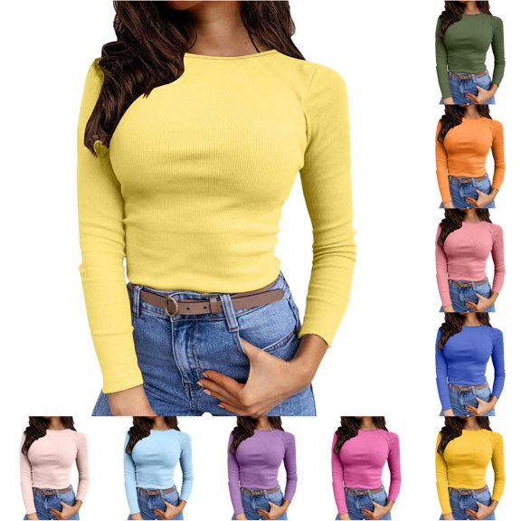 Women's T-Shirts T1 - Womens Long Sleeve Stretch Crewneck Ribbed T Shirt Fitted Casual Basic Tops
