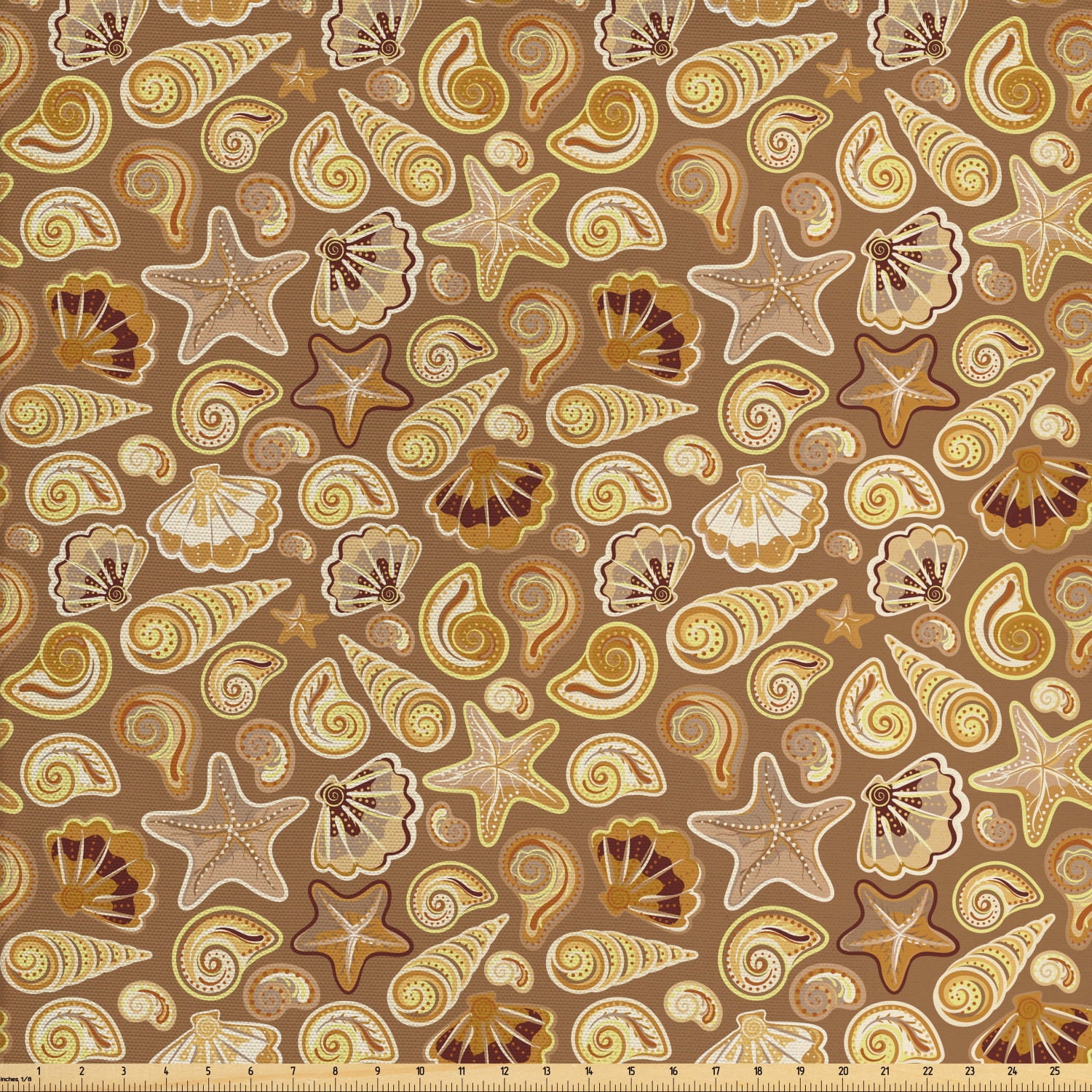 Shells Fabric by The Yard, Assortment of Seashells Sea Cone Starfishd