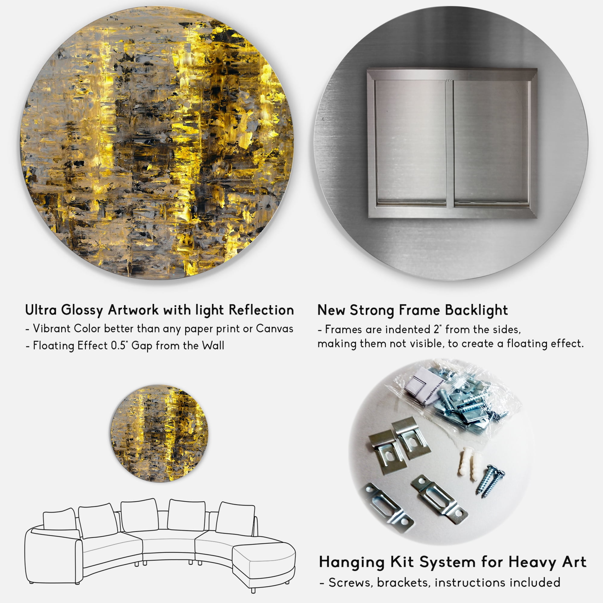 Designart 'Grey Meets Yellow Abstract Art II' Modern Circle Metal Wall Art 23x23 - Disc of 23