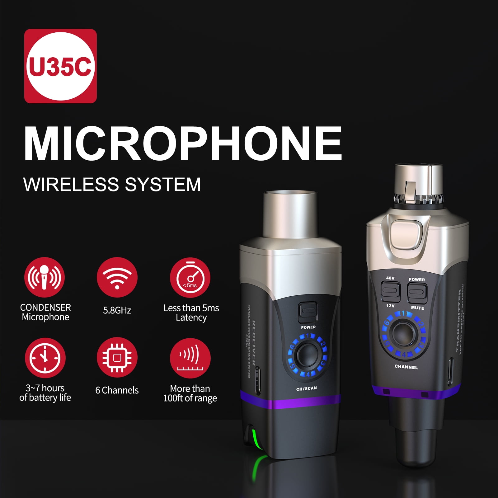 Xvive U35C XLR Plug-on Wireless System for Condenser Microphone with 48V/12V Phantom Power (5.8GHz)