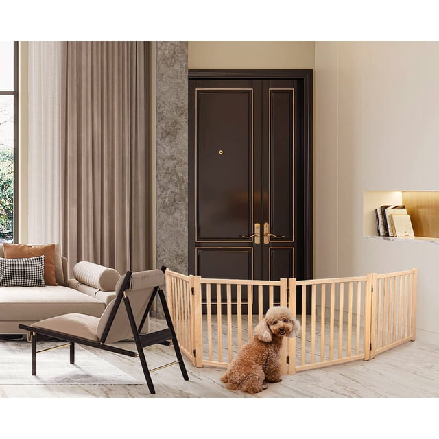 Historyli Puerta para mascotas independiente de 4 paneles,puerta plegable para perros para escaleras,puertas,pasillos interiores de casas,sin pintura,valla de paso,color natural.