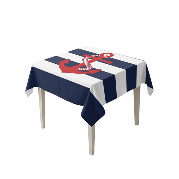 Navy Blue Stripe Nautical Suqare Tablecloth - 54 x 54 Inch, Red Anchor Summer Coastal Waterproof & StainResistant Tablecloth, Washable Oil-proof Table Cover for Dining/Party/Wedding/Camping/Buffet