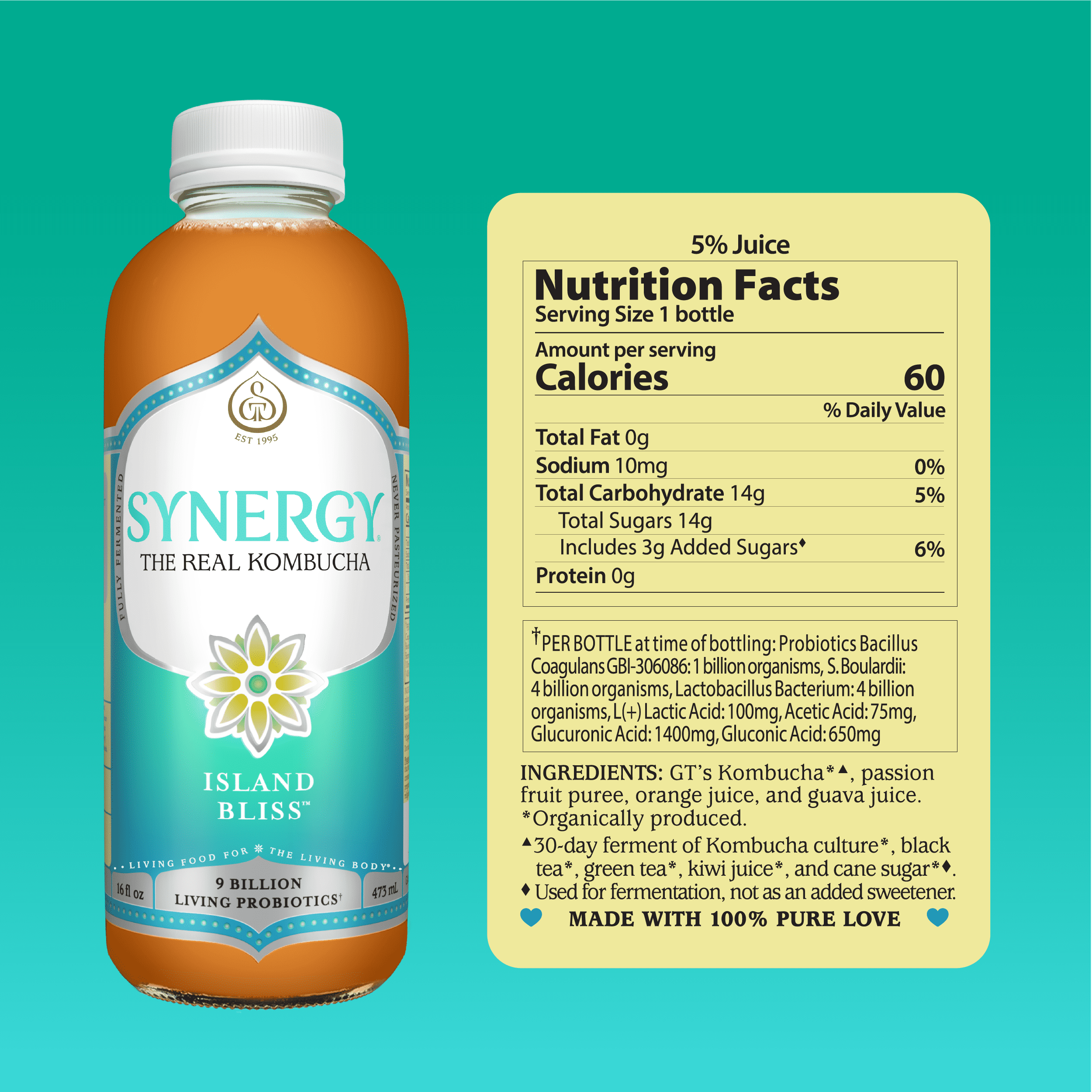 GT's Synergy Organic Island Bliss Kombucha, Fruitful Flavor