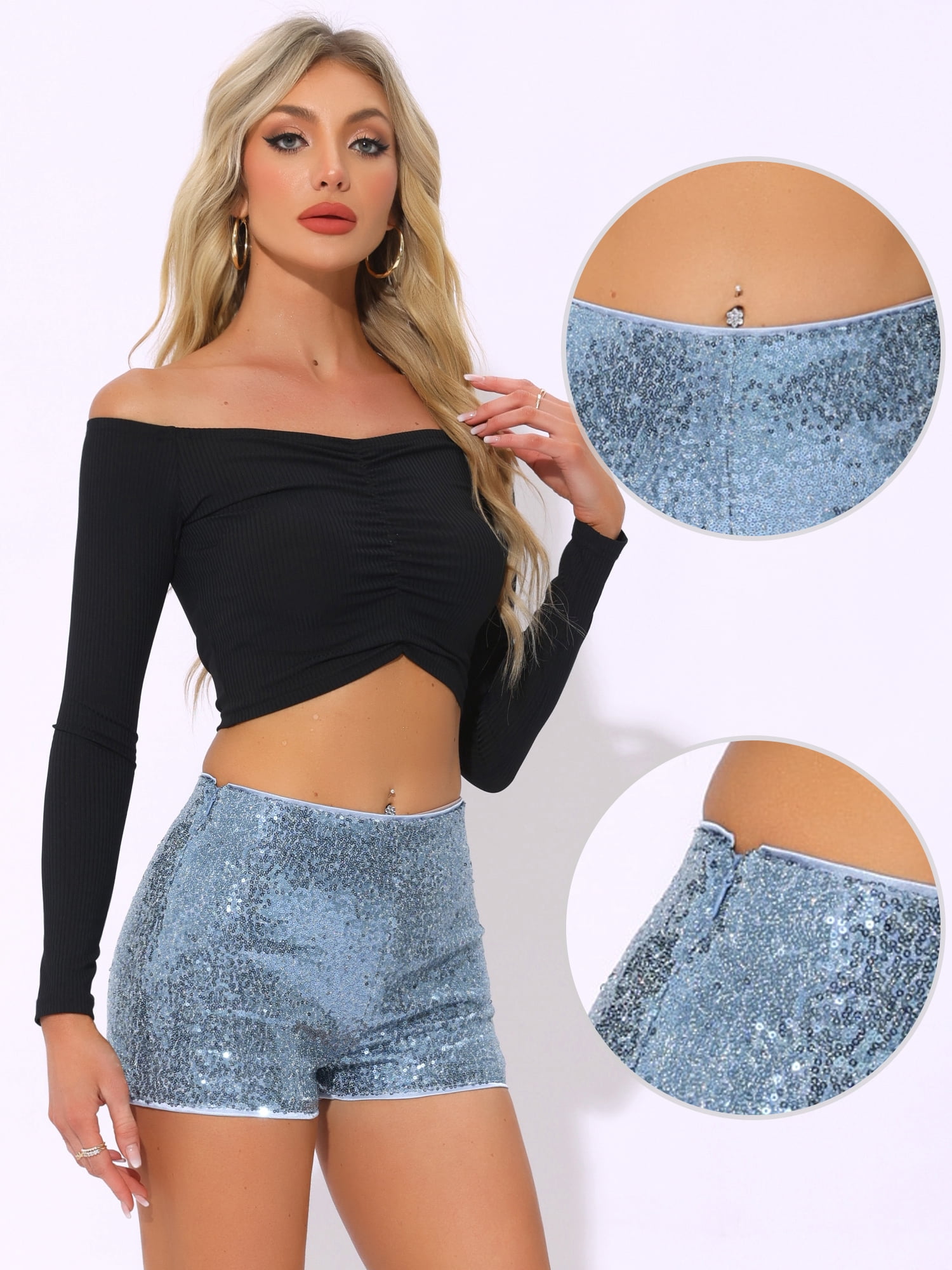 DARING DIVA Women's Midrise Solid Sparkle Coctail Sequin Shorts XS Grey Blue