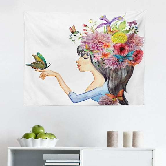 Animal Tapestry, Spring Birds Sparrows with Branches Watercolor Leaves Artwork, Fabric Wall Hanging Decor for Bedroom Living Room Dorm, 2 Sizes, Royal Blue Sky Blue, by Ambesonne