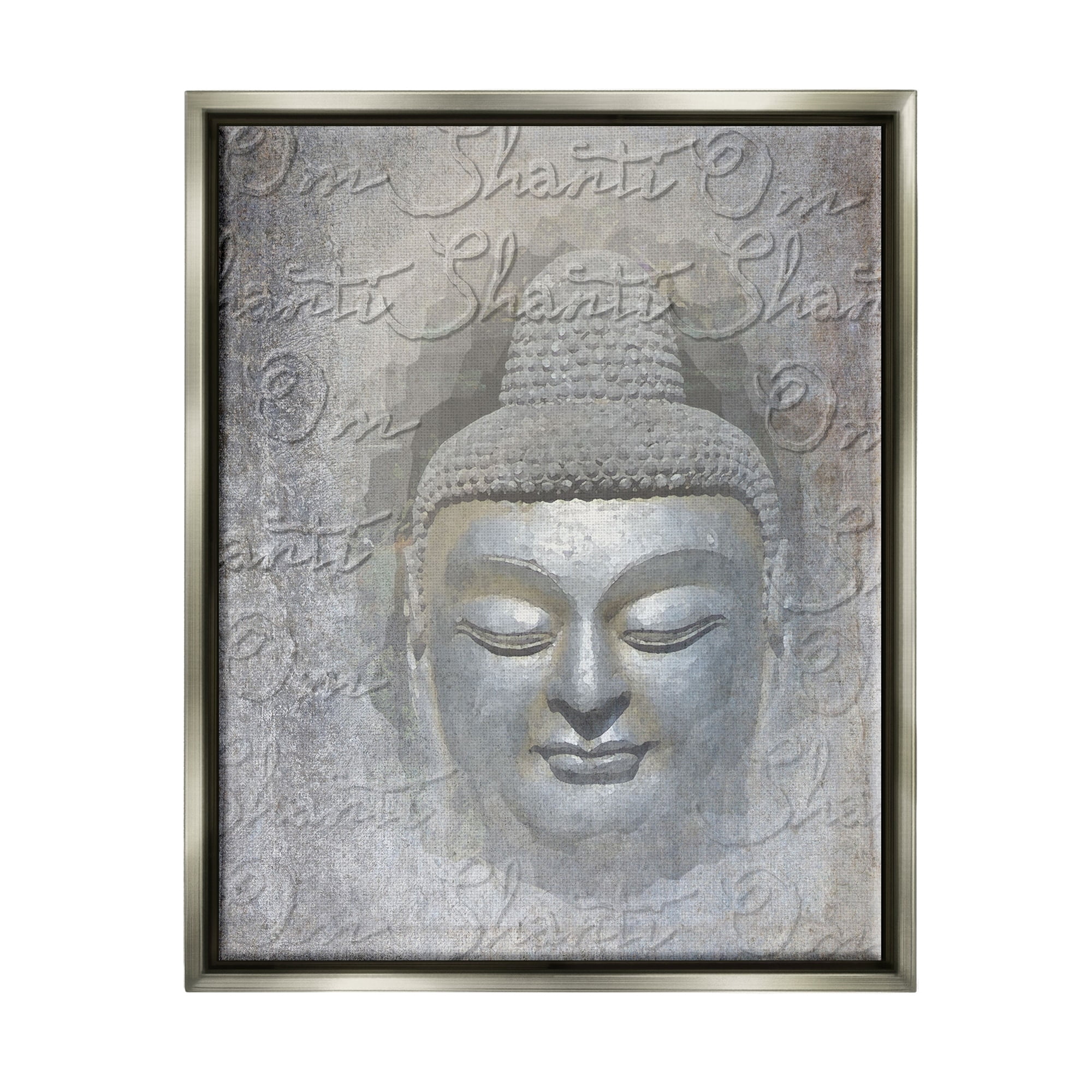 Stupell Industries Layered Buddha Spiritual Words Script Om Shanti Mantra Graphic Art Luster Gray Floating Framed Canvas Print Wall Art, Design by Graffitee Studios