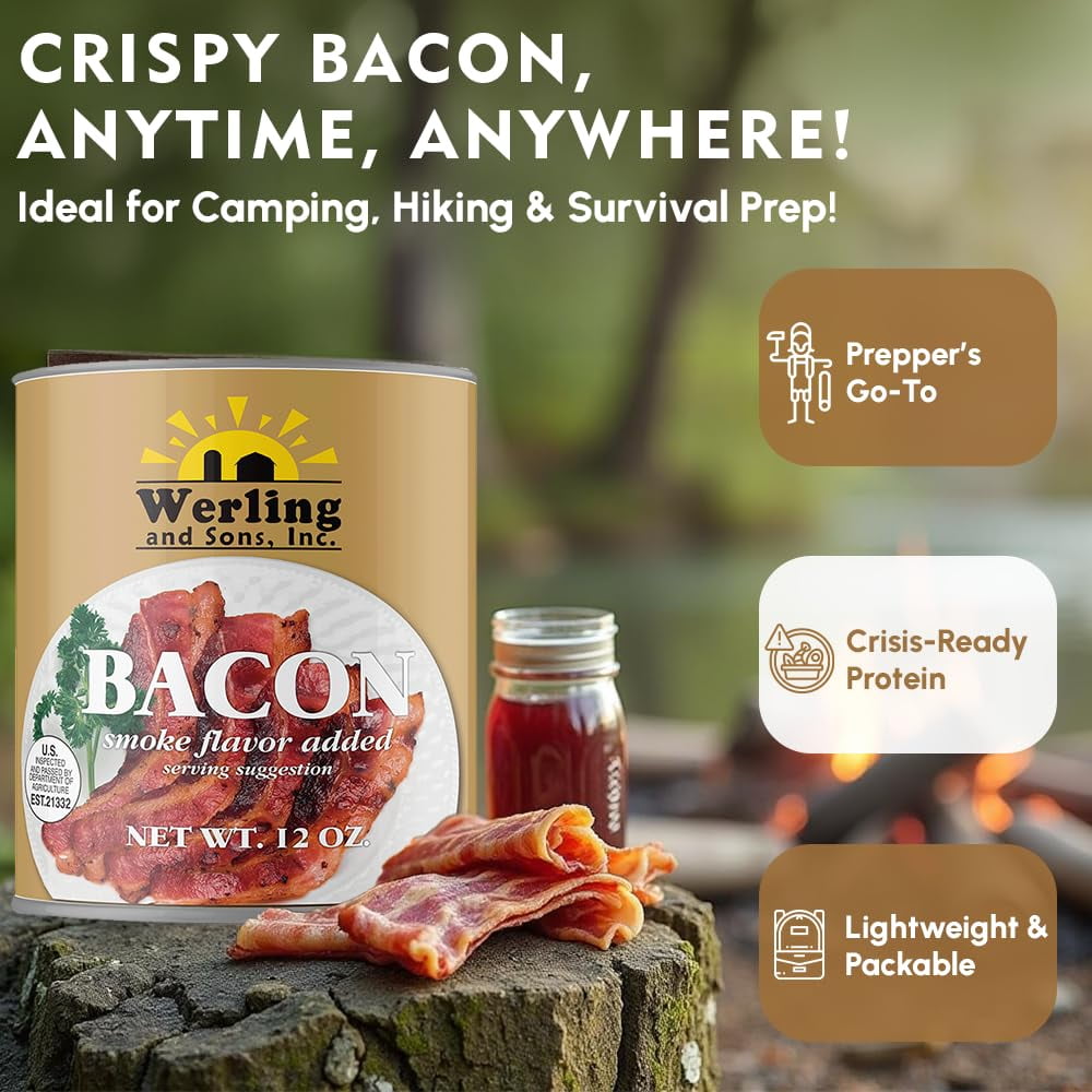 (12 Cans Pack) Werling Canned Bacon 12 Oz Smoke Flavor Added Fully Cooked Ready to Eat Bacon Shelf-Stable Canned Meat Long Term Storage Camping Survival and Emergency Preparedness Canned Food