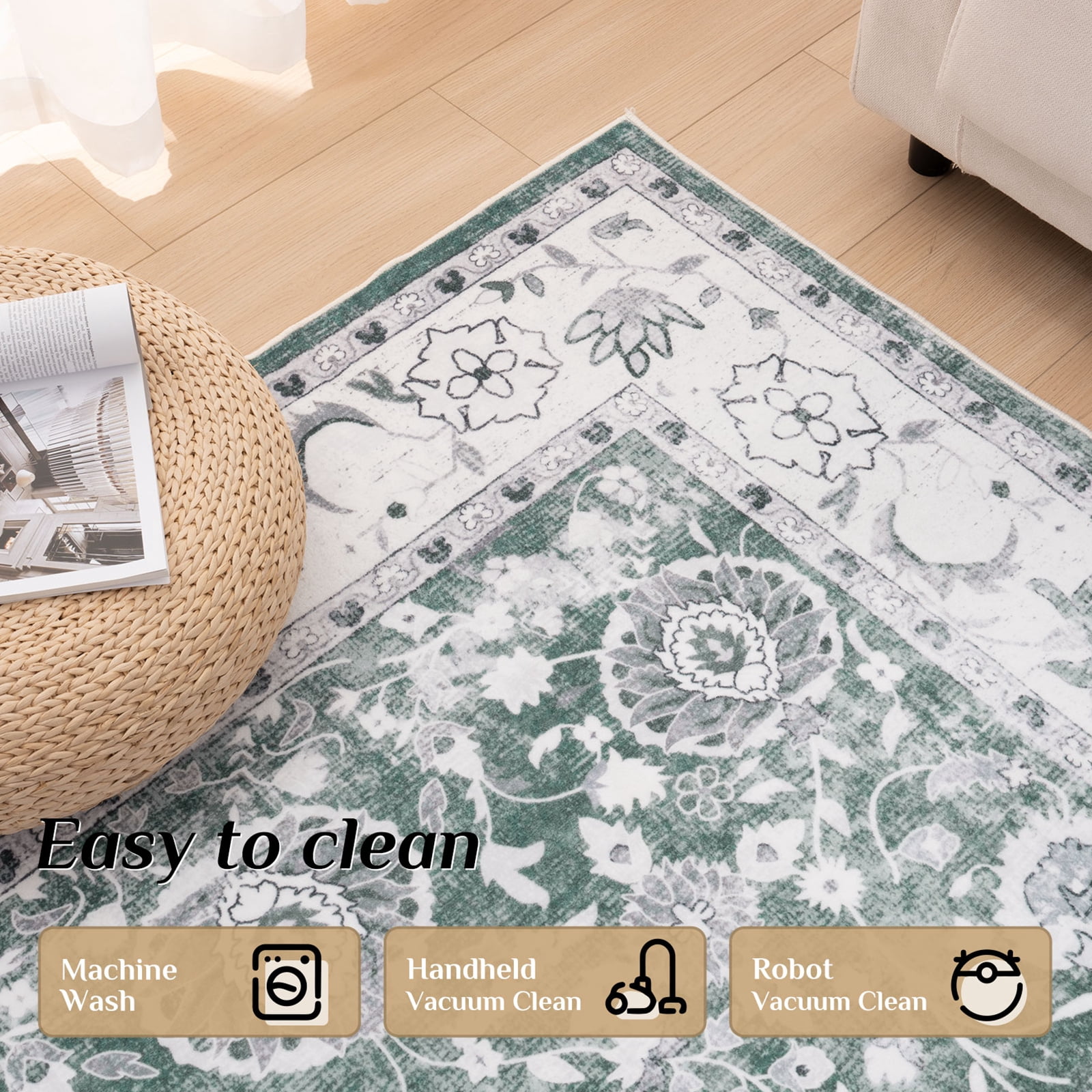 Cozylore 9'x12' Area Rugs for Living Room Modern Rug Soft Low Pile Non Slip Carpet Machine Washable Indoor Rug for Bedroom Dining Room, Green