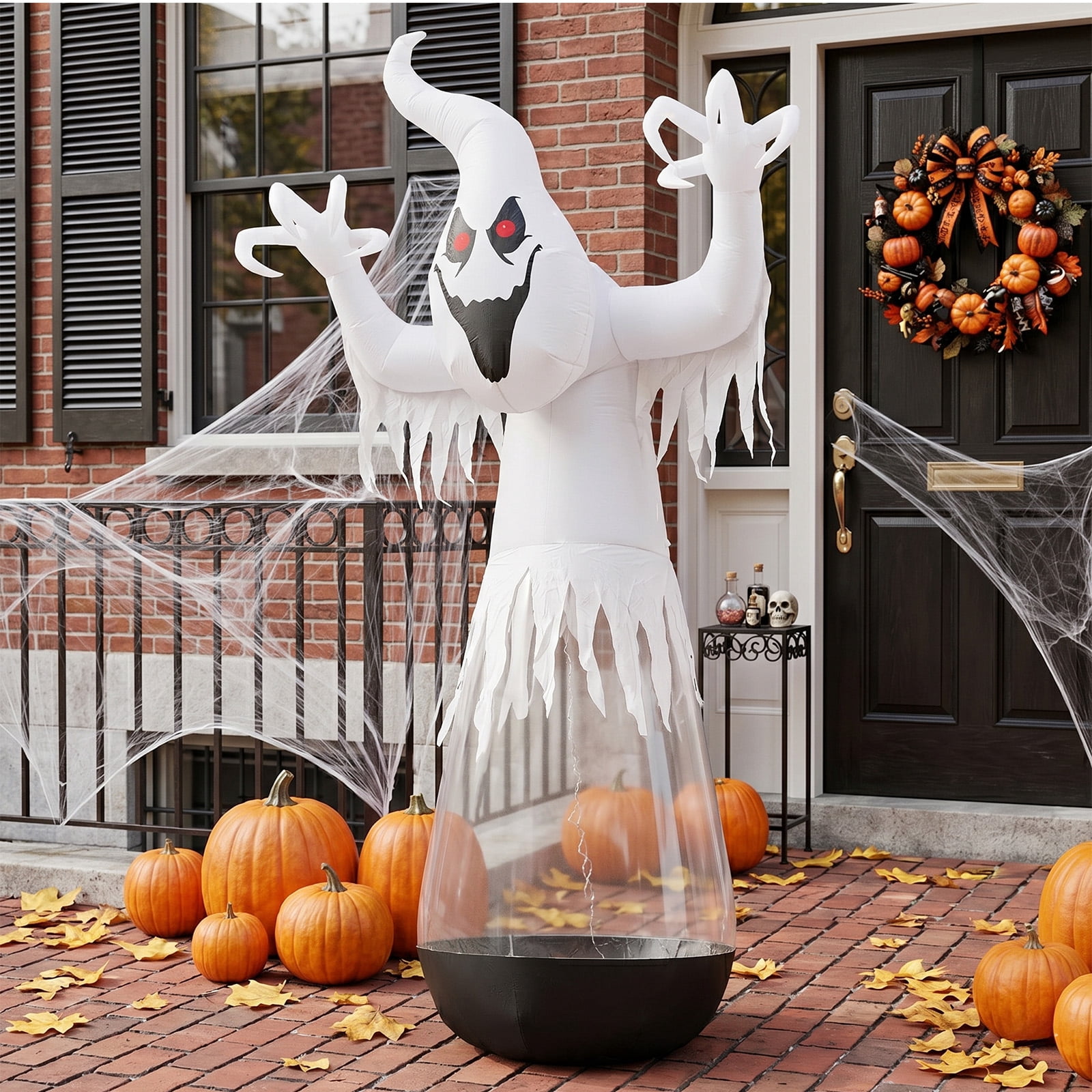Astoutdoor 12 ft Inflatable Halloween Ghost, Half-Body Clear PVC White Ghost with 2 LED Lights and 1 Stage Light, Black and White, 12V 2000mA US Power Adapter
