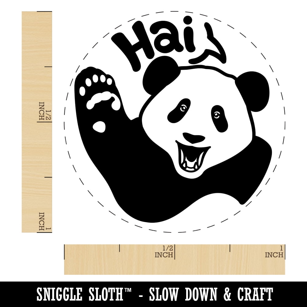 Waving Panda Saying Hai Self-Inking Rubber Stamp Ink Stamper - Orange Ink - Medium 1 Inch