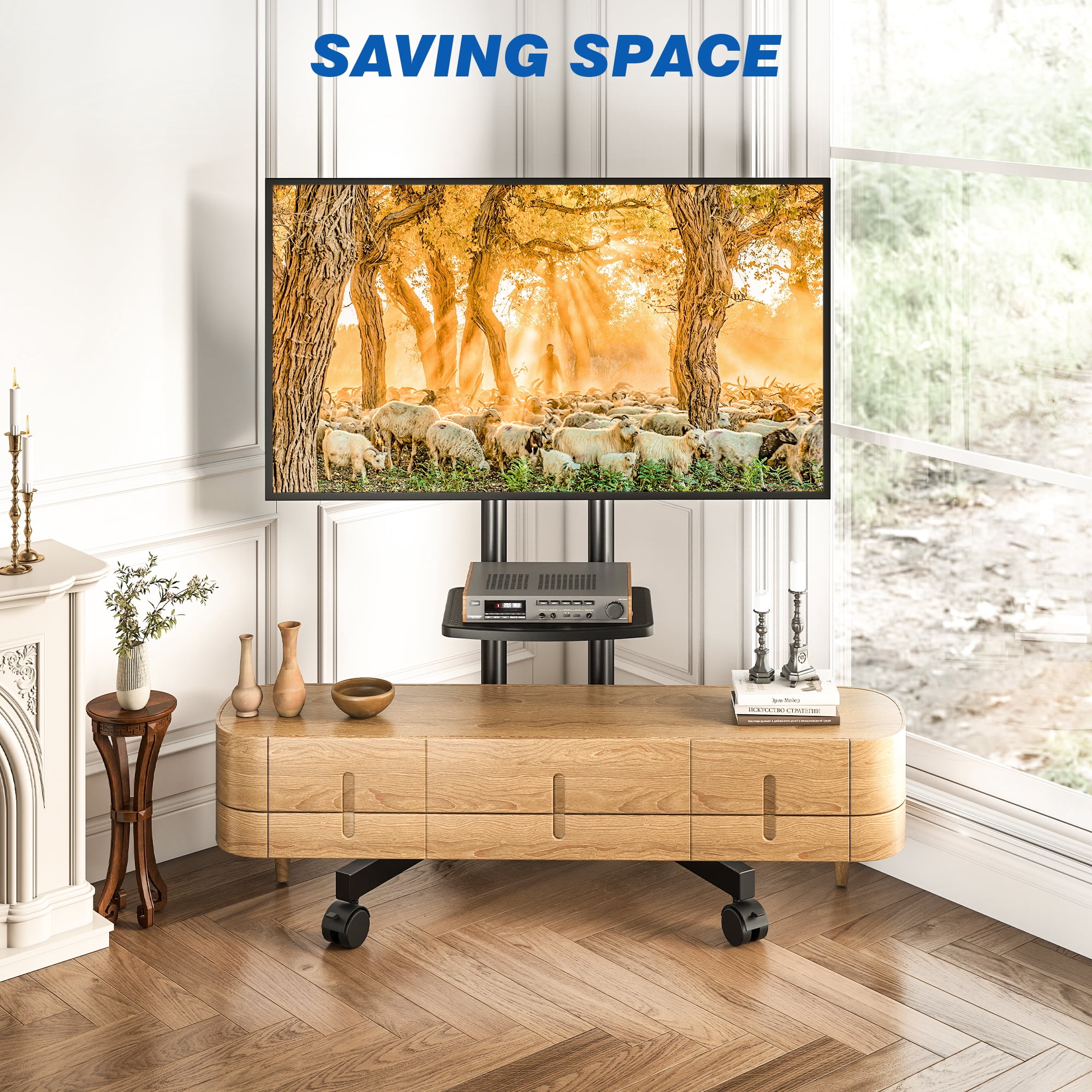 TAVR Furniture Rolling TV Stand with Wheels & Power Outlet for 32-70 inch TVs up to 88lbs, Height Adjustable for Outdoor, Home, Office