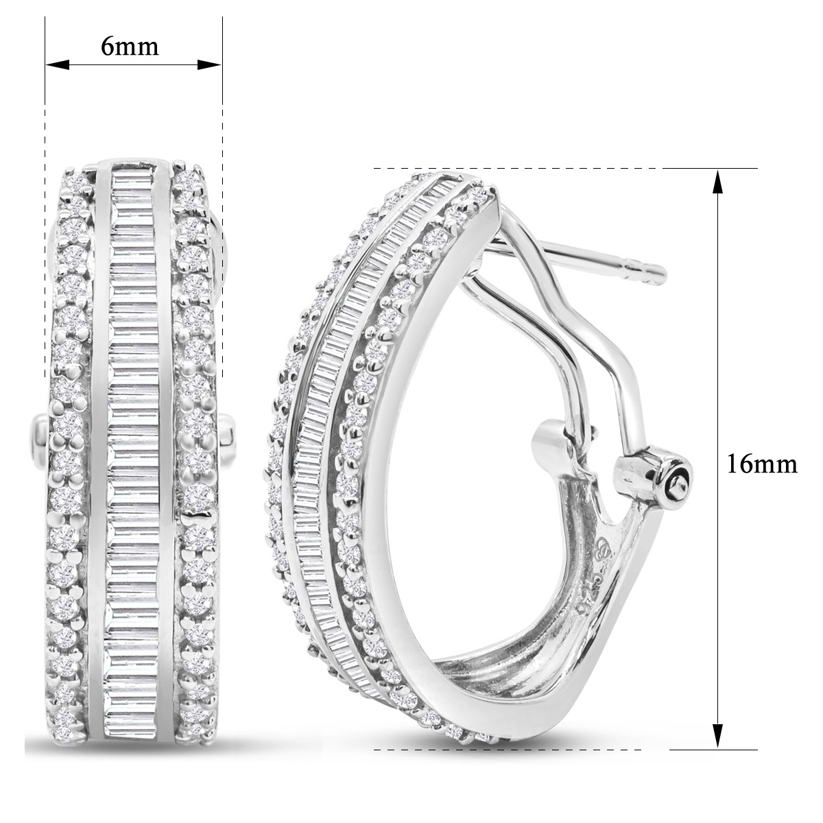 SuperJeweler 1 Carat Baguette and Round Colorless Diamond Hoop Earrings In Sterling Silver For Women