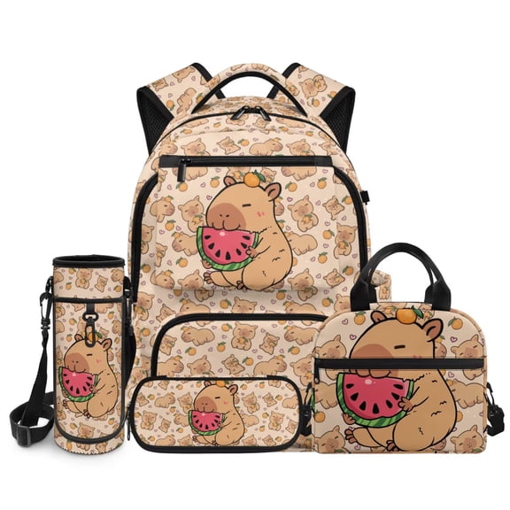 Chririnla Capybara Backpack for Girls 8-10 Cute School Backpacks with Lunch Box 4 Pcs Kids Bookbag Large Capacity 17 Inch Daypack for Elementary Kindergarten