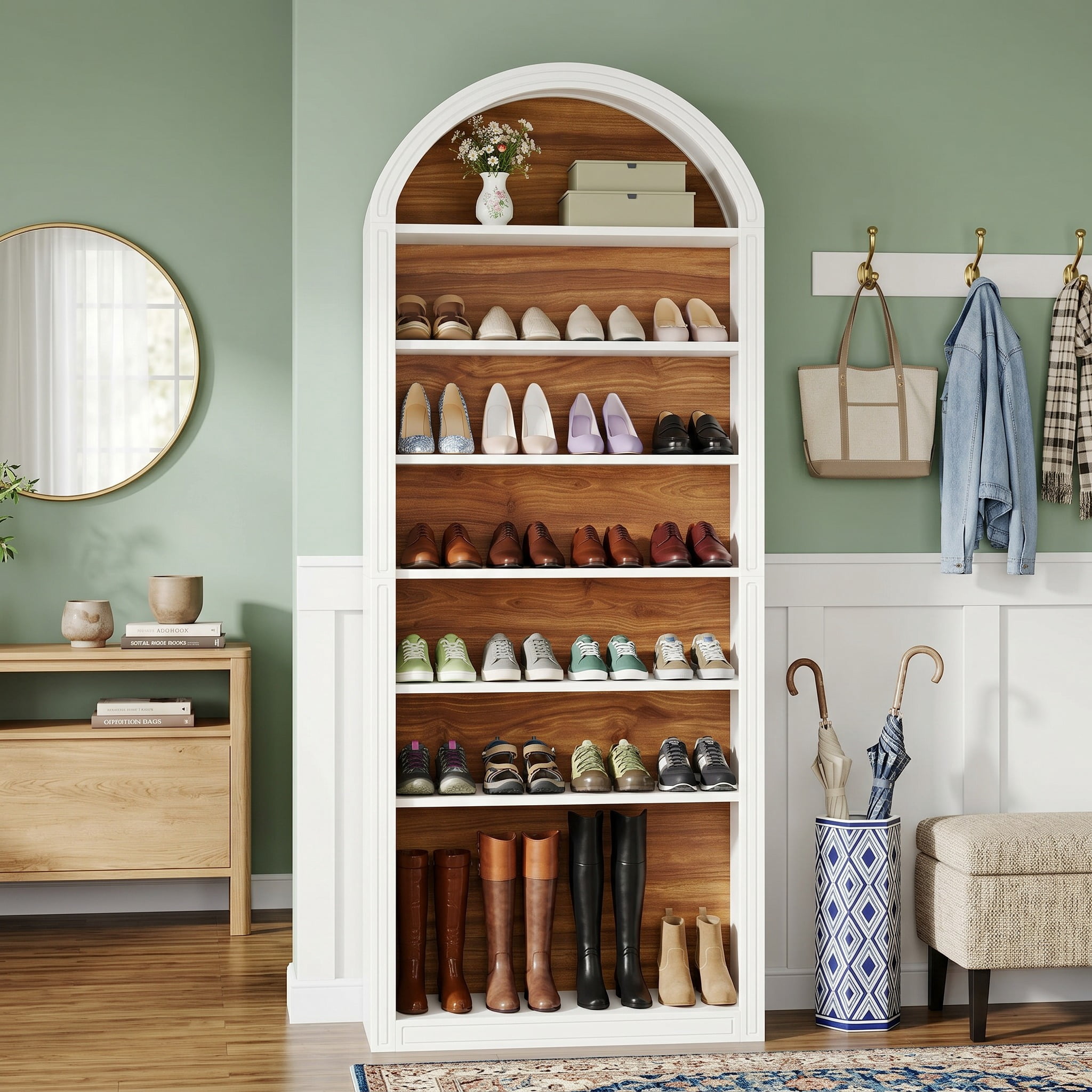 Fnova 79.5" Arched Shoe Storage Cabinet, 8-Tier Wooden Shoe Organizer Rack for 35 Pairs, Adjustable Shelves, White