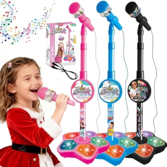 The All-in-One Microphone Toy, New Upgrade Karaoke Machine with Music & Flashing Stage Lights, Microphone for Singing with Adjustable Stand, The Ultimate Birthday Gift for Daughter and Son(3pcs)