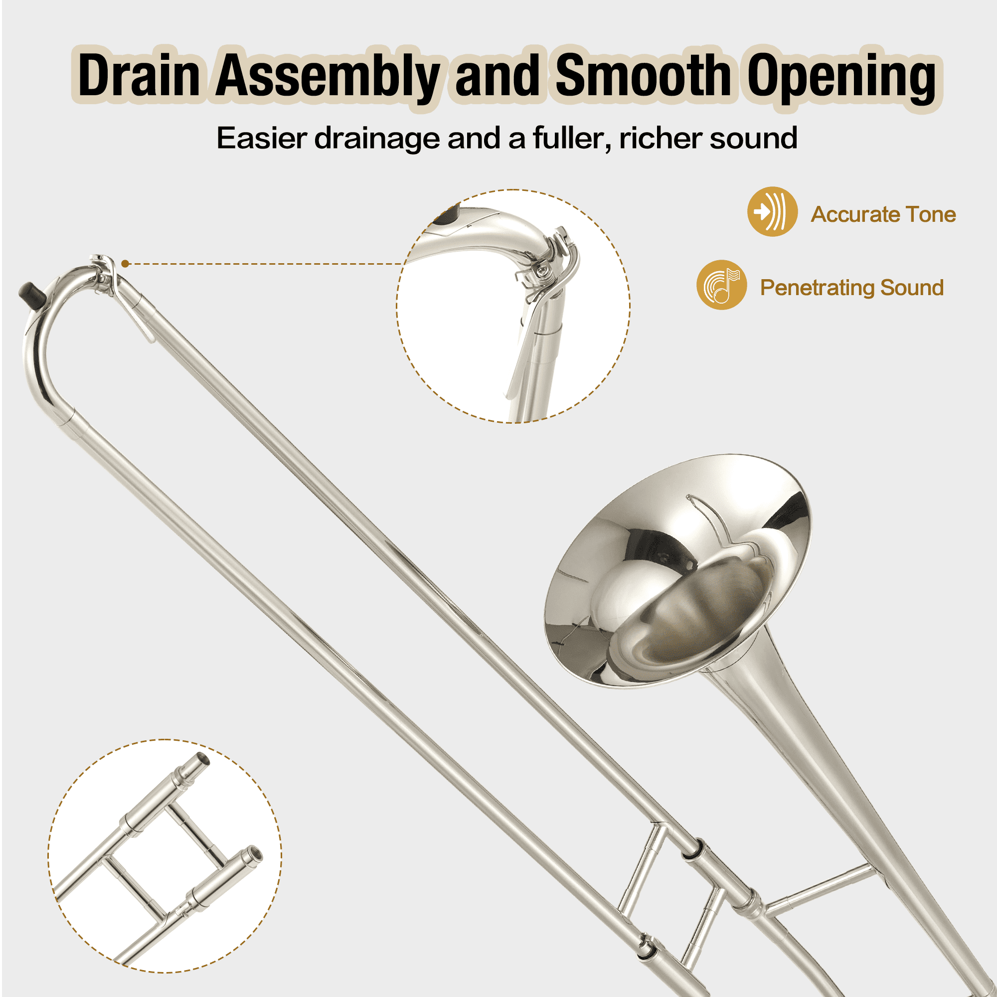 Bb Tenor Slide Trombone, B Flat Brass Plated Trombone Instrument for Students with Tuner, Music Book, Hard Case, Mouthpiece, Cleaning Kit & Gloves (Nickel-Plated)