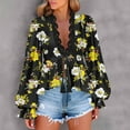 thumbnail image 2 of QQAMB Women's Blouse Lace Floral Printed Long Sleeve Top Tie Front Blouses V-Neck Lantern Shirts, 2 of 8