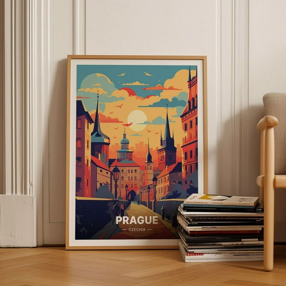 Prague Cityscape Travel Poster, Czech Republic Wall Art, European City Decor, Prague Souvenir, Home & Office Decoration Wall Art, Modern Wall Decor, 8x12 UNFRAMED