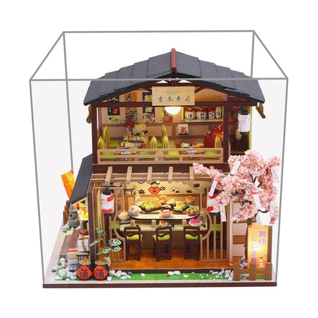 de muebles de de en miniatura DIY, minimodelo de tienda de Sushi hecho con luz cubierta de polvo perfke casa de muñecas en miniatura