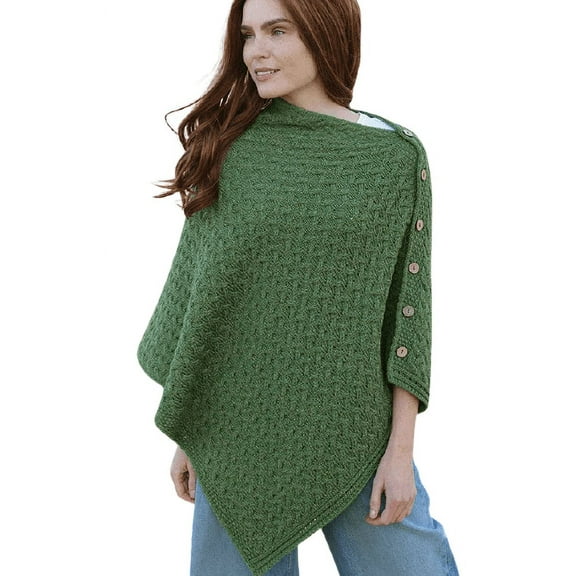 Aran Woollen Mills Knitted Poncho 100% Premium Soft Merino Wool Buttoned Irish Cape One Size Made in Ireland
