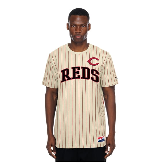Men's New Era Cream Cincinnati Reds Throwback Meshback Pinstripe T-Shirt