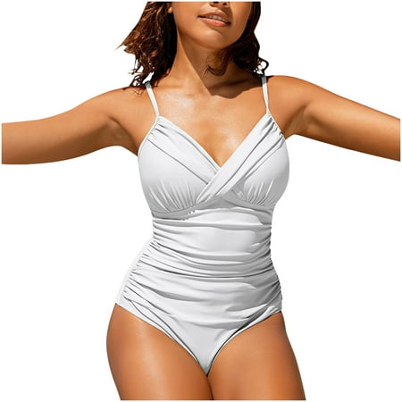 Hicidod One Piece Swimsuit Women Tummy Control Halter Ruched Bathing Suits Fashion Solid Light Thin V Neck Comfort Swimwear