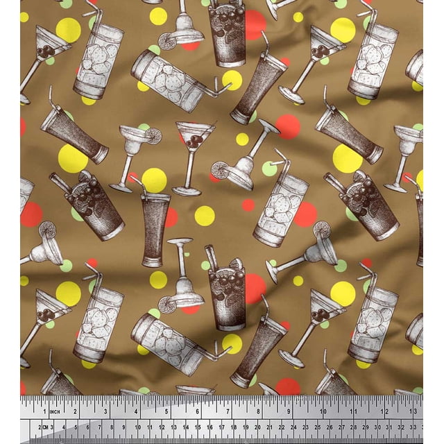 Soimoi Brown Poly Georgette Fabric Dot & Soft Drinks Summer Designs Fabric Prints By Yard 52 Inch Wide