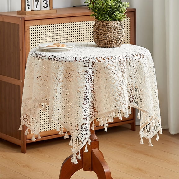 Square Small Table Cloth Floral Lace Tablecloth Vintage Crochet Doilies Tablecloth with Tassels Elegant Chic Table Cover for Wedding Party Holiday Home Decor 90*90cm