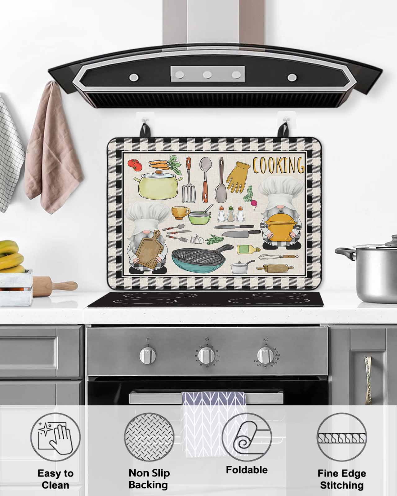 Large Induction Cooktop Protector Mat Kitchenware Gnomes Stove Top Covers for Electric Stove, Kitchen Cooking Tool Retro Plaid Decorative Stove Burner Cover Mats, Glass Top Stove Cover