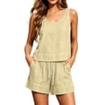 thumbnail image 2 of Costeam Womens Linen Blend Contrast Stitch Two Piece Outfit Sleeveless Scoop Neck Crop Tank Drawstring Elastic Waist Shorts Dual Side Pockets Loose Fit Summer Co Ord Set, 2 of 9