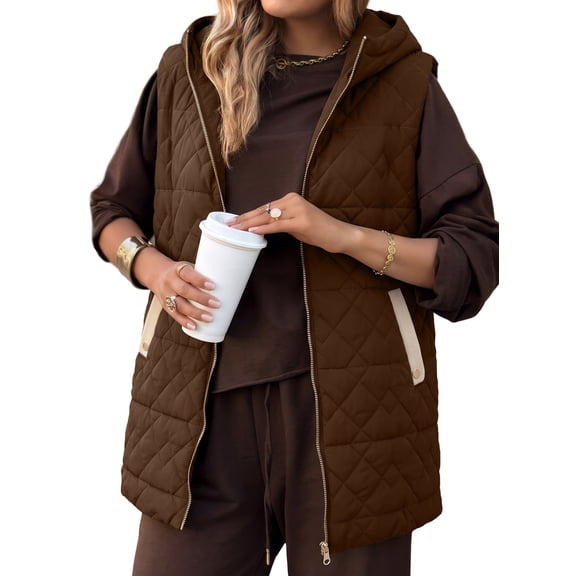 SHEWIN Womens Puffer Vest Full Zipper Hooded Long Quilted Jackets Sleeveless Winter Warm Coat Outerwear