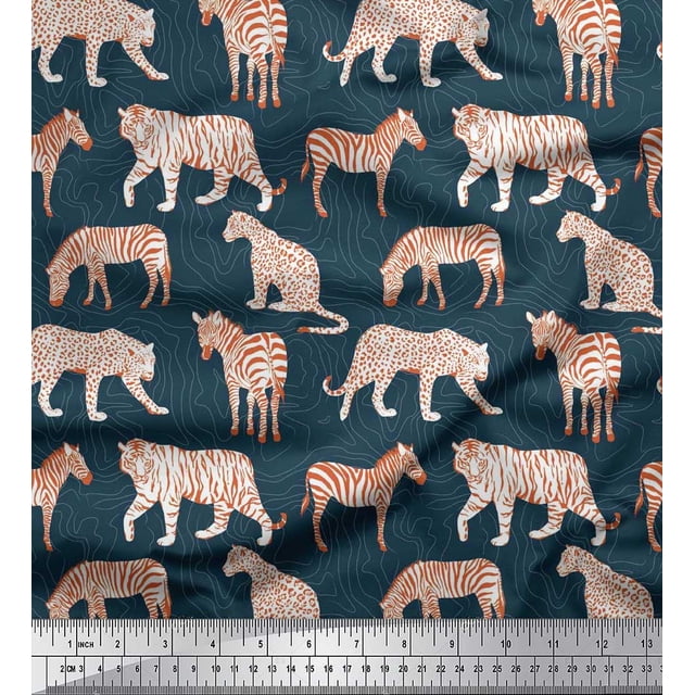 Soimoi Blue Poly Georgette Fabric Tiger,Leopard & Wild Animal Print Sewing Fabric BTY 52 Inch Wide