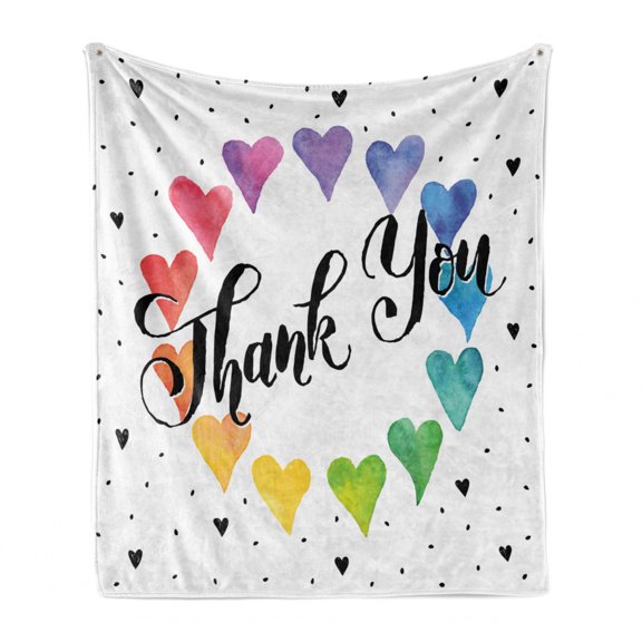 Romantic Soft Flannel Fleece Throw Blanket, Thank You Note with Rainbow Like Colored Round Made from Hearts Image, Cozy Plush for Indoor and Outdoor Use, 50" x 60", Multicolor, by Ambesonne