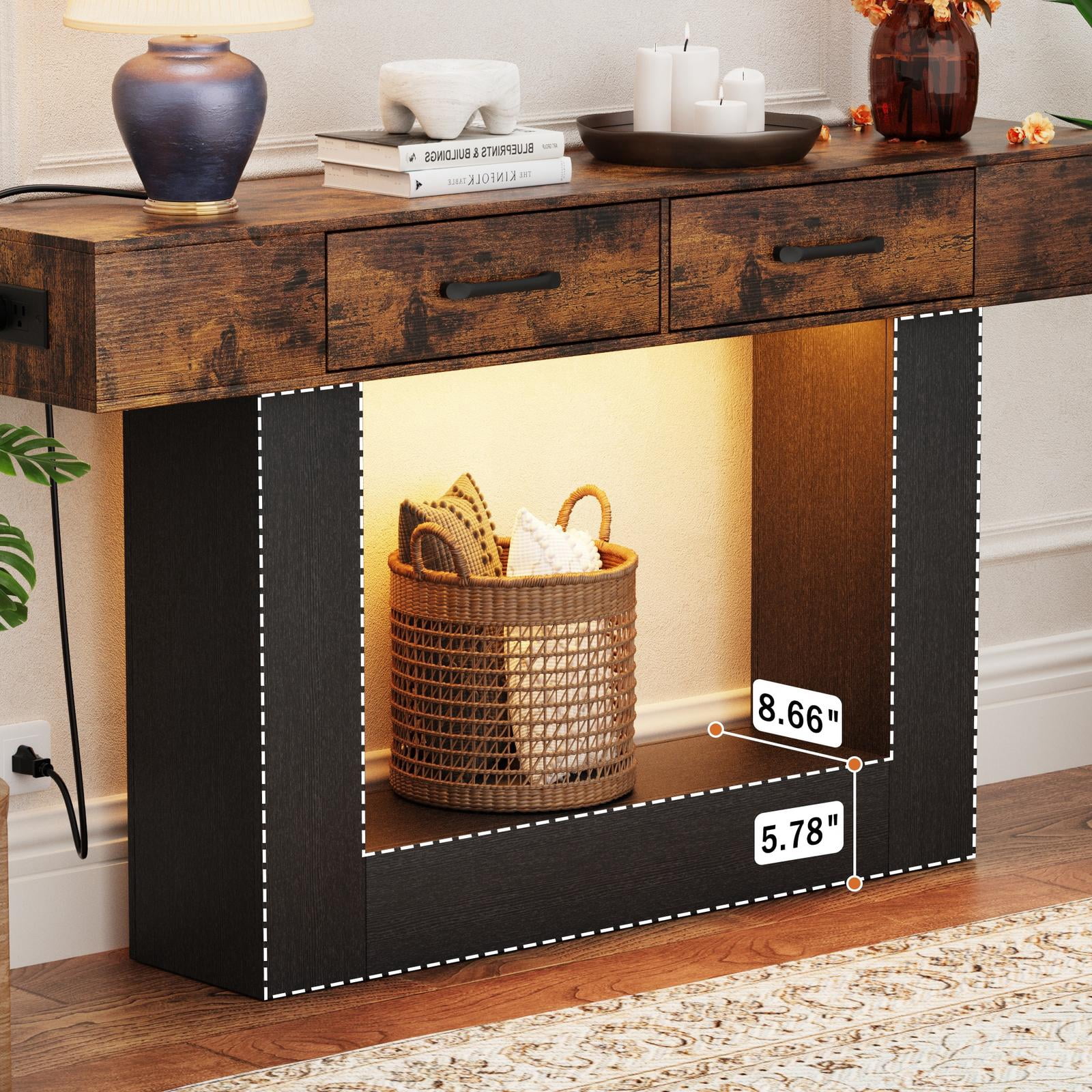 Console Tables for Entryway, Holaki 63" Long Console Table, Modern Farmhouse Entryway Table with Outlet, LED Strip & 2 Drawers for Living Room Office