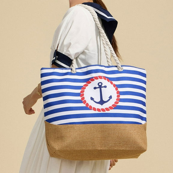 Anchor Printed Striped Rope Handle Beach Tote Bag