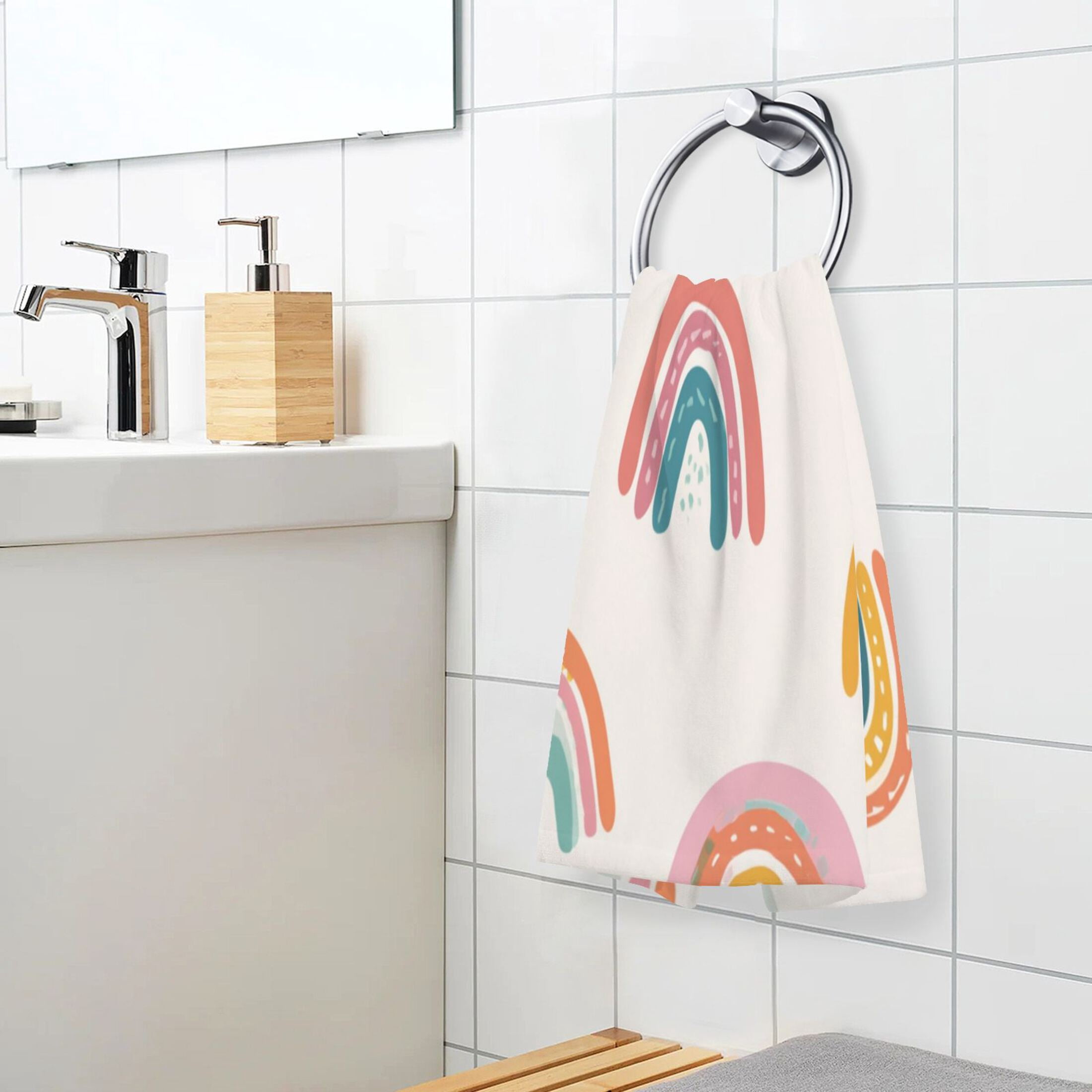 2 Pieces of Cotton Towel Face Towel Set Hand Towel Bath Towel Cotton Bath Towel Sets Colorful Cartoon Rainbow Pattern