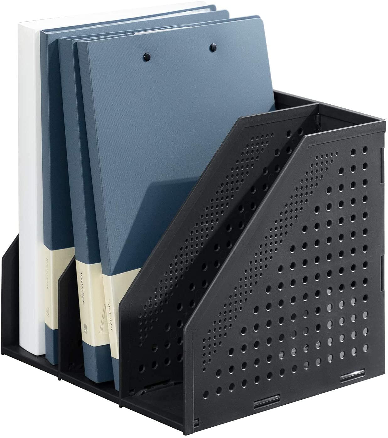 Blue Light Grey/Dark Grey/Blue Collapsible Magazine File Holder,A New Generation Office Organization for Folder,3 Vertical Compartments Desk Organizer for Storage 