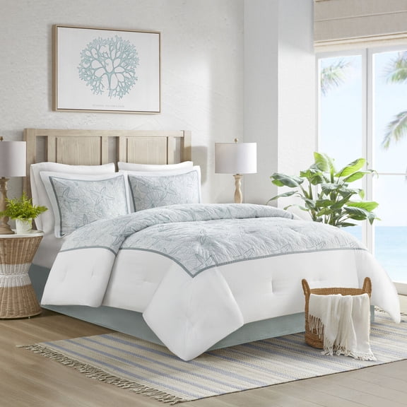 Queen Size White Coastal Comforter Set - 4-Piece Cotton Bedding with Seashell Embroidery