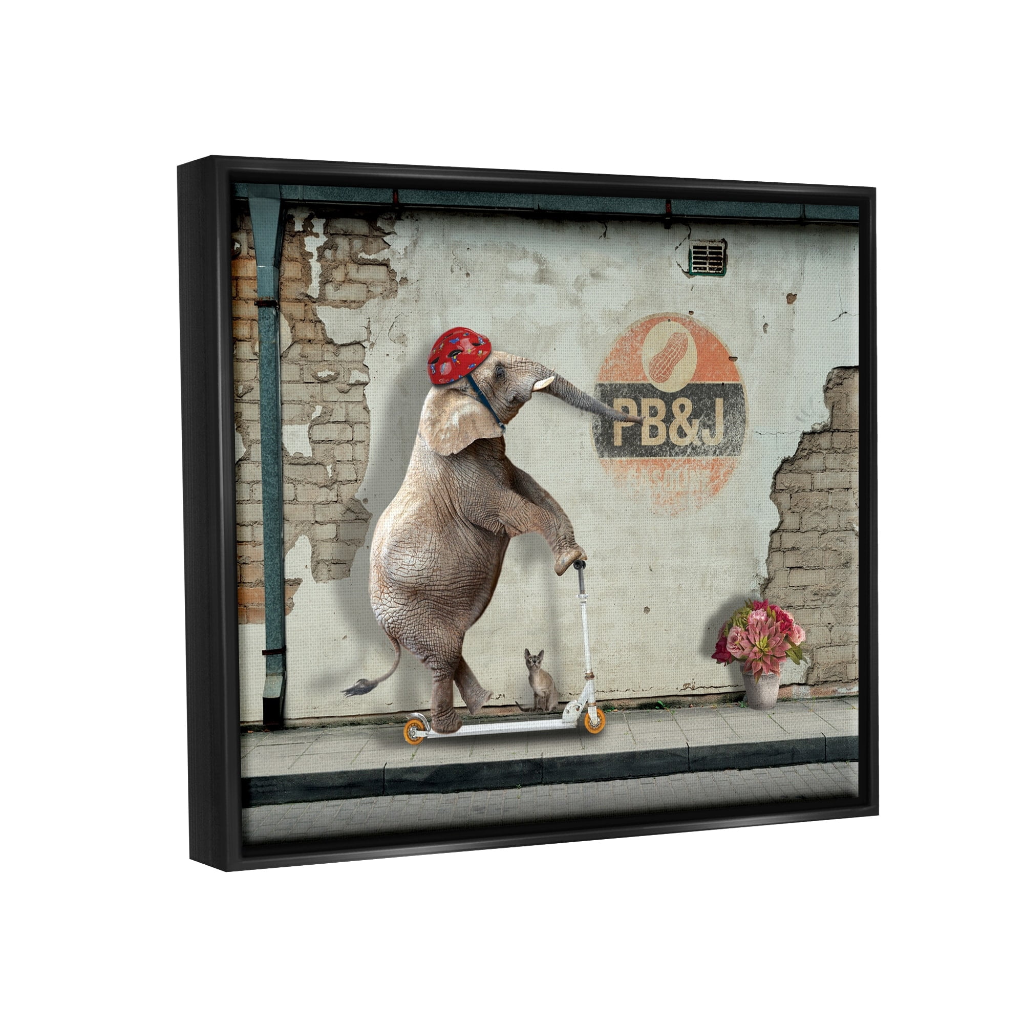 Stupell Industries Elephant Riding Scooter Old Brick City Streets Graphic Art Jet Black Floating Framed Canvas Print Wall Art, Design by Nobleworks