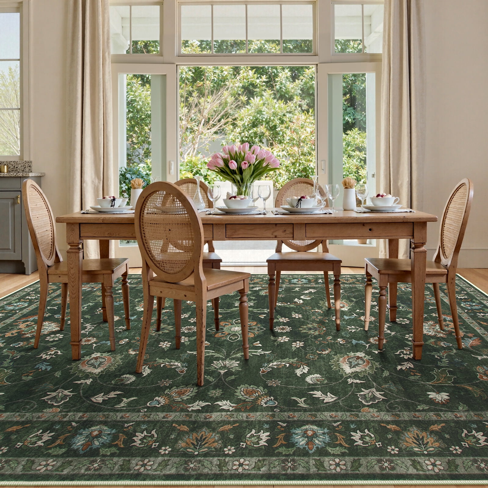 Lahome Decor Floral Area Rug 8x10, Machine Washable Rugs for Living Room, Non Slip Rug with Vintage Printed, Low Pile Carpet for Bedroom Dining Room Home Office, Green