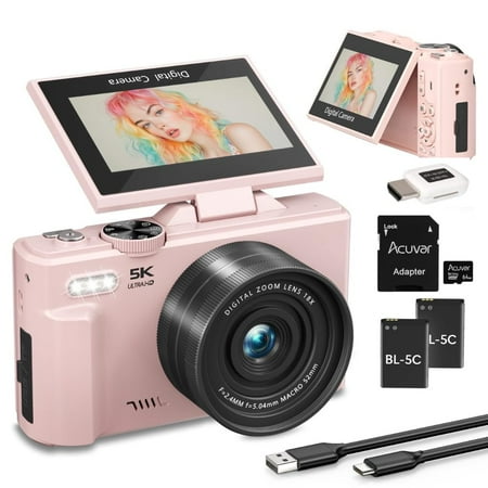 KLIOMAX 5K 75MP Digital Camera with WiFi, Autofocus, 3" Flip Screen & 18X Zoom – Compact Vlogging Camera for Photography & Video, Starter Kit (Pink)