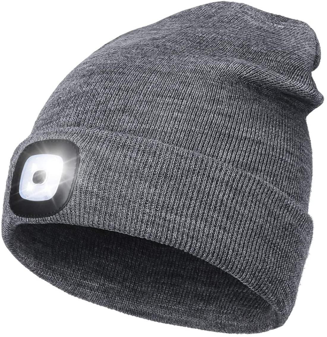 LED Beanie Hat with Light,Unisex USB Rechargeable Hands Free LED Headlamp  Cap Winter Knitted Night Lighted Hat Flashlight Women Men Gifts for Dad Him  Husband (Grey)