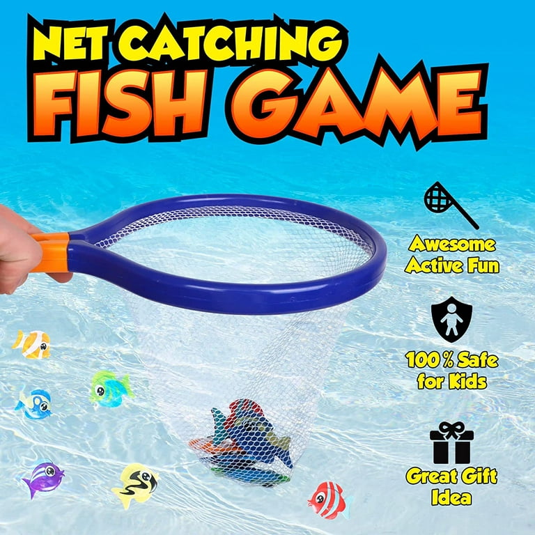 Fishing Net Catch Game, Set of 2, Each Set with 1 Fishing Net and 6 Colorful Fish Toys, Pool Toys for Kids, Bathtub Toys for Boys and Girls, Summer